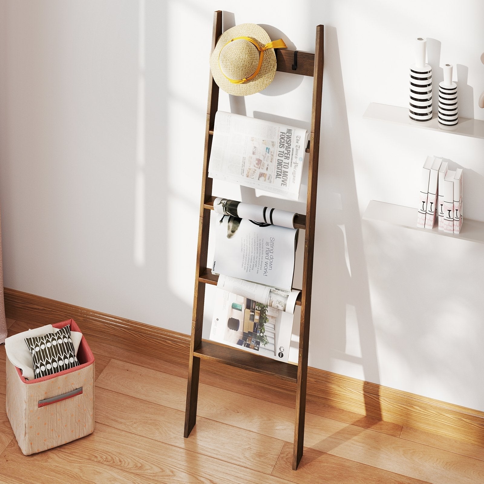 5-Tier Bamboo Ladder Bookshelf with 4 Removable Hooks-Brown