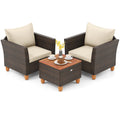 3 Pieces Patio PE Wicker Furniture Set with Cushions and Acacia Wood Storage Coffee Table-Beige
