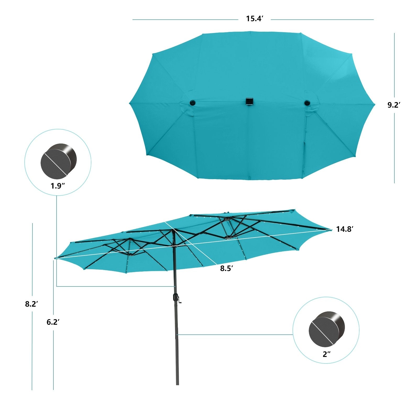 15 Feet Twin Patio Umbrella with 48 Solar LED Lights-Beige