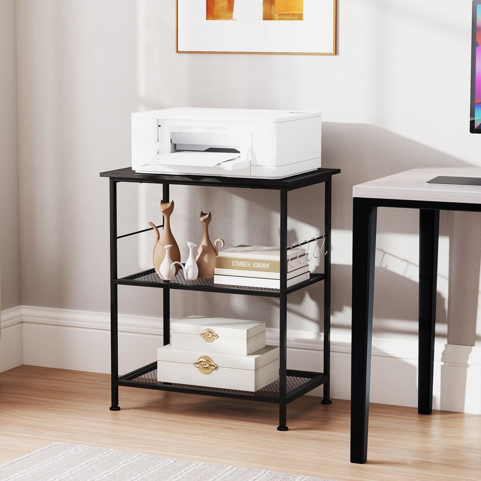 3-Tier Kitchen Serving Cart Utility Standing Microwave Rack with Hooks-Black