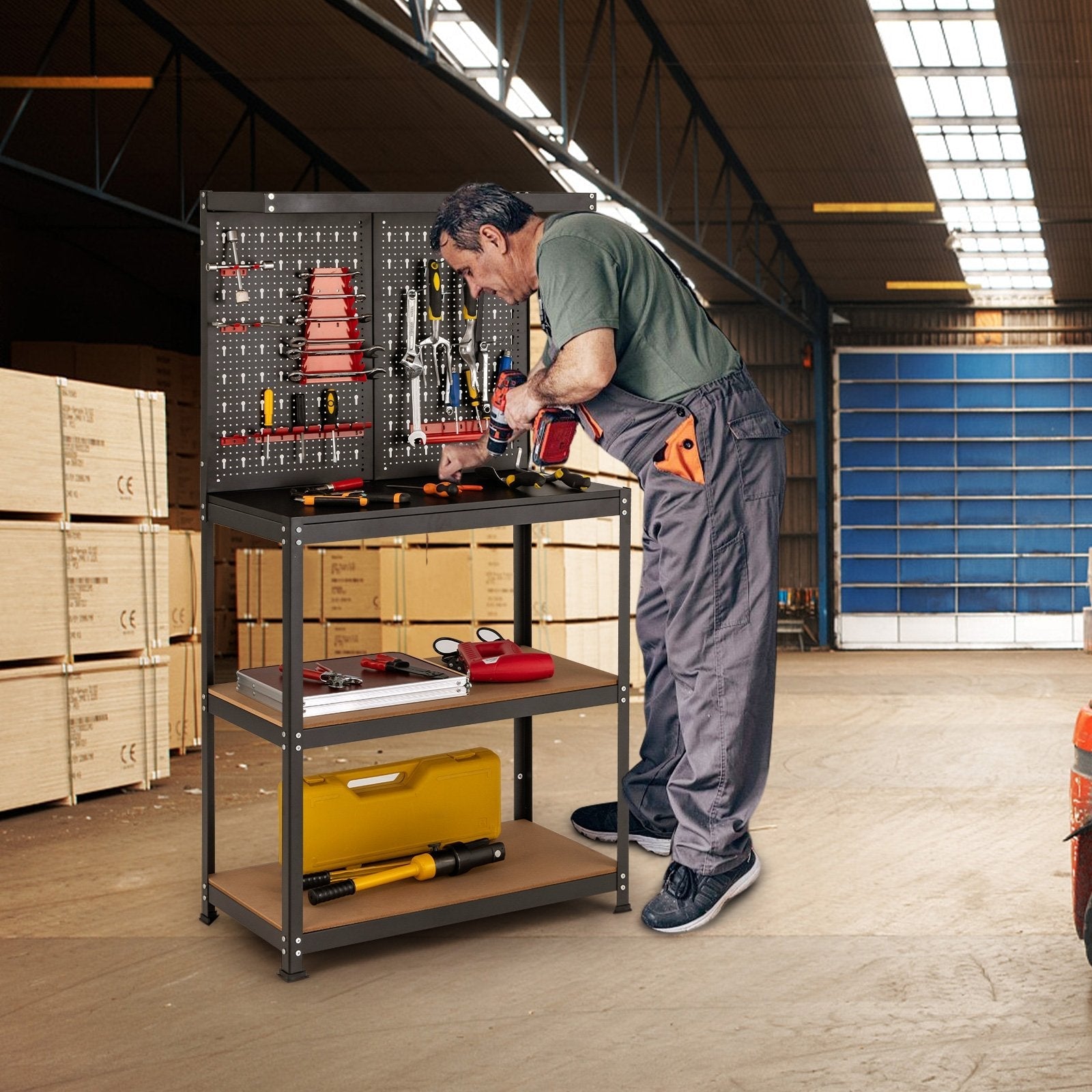 Tool Storage Workbench with Peg Board 2 Lower Shelves 14 Hanging Accessories-Black