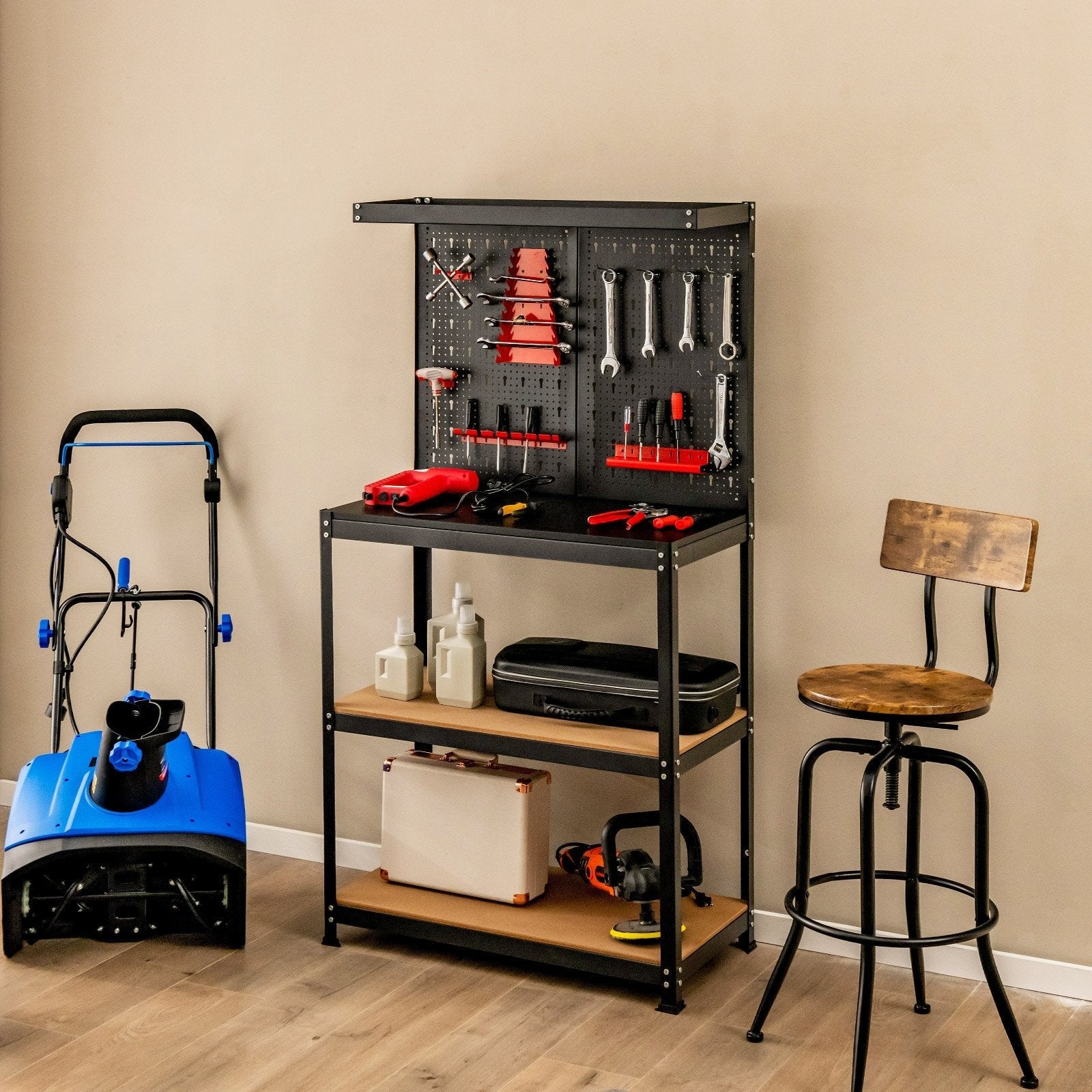 Tool Storage Workbench with Peg Board 2 Lower Shelves 14 Hanging Accessories-Black