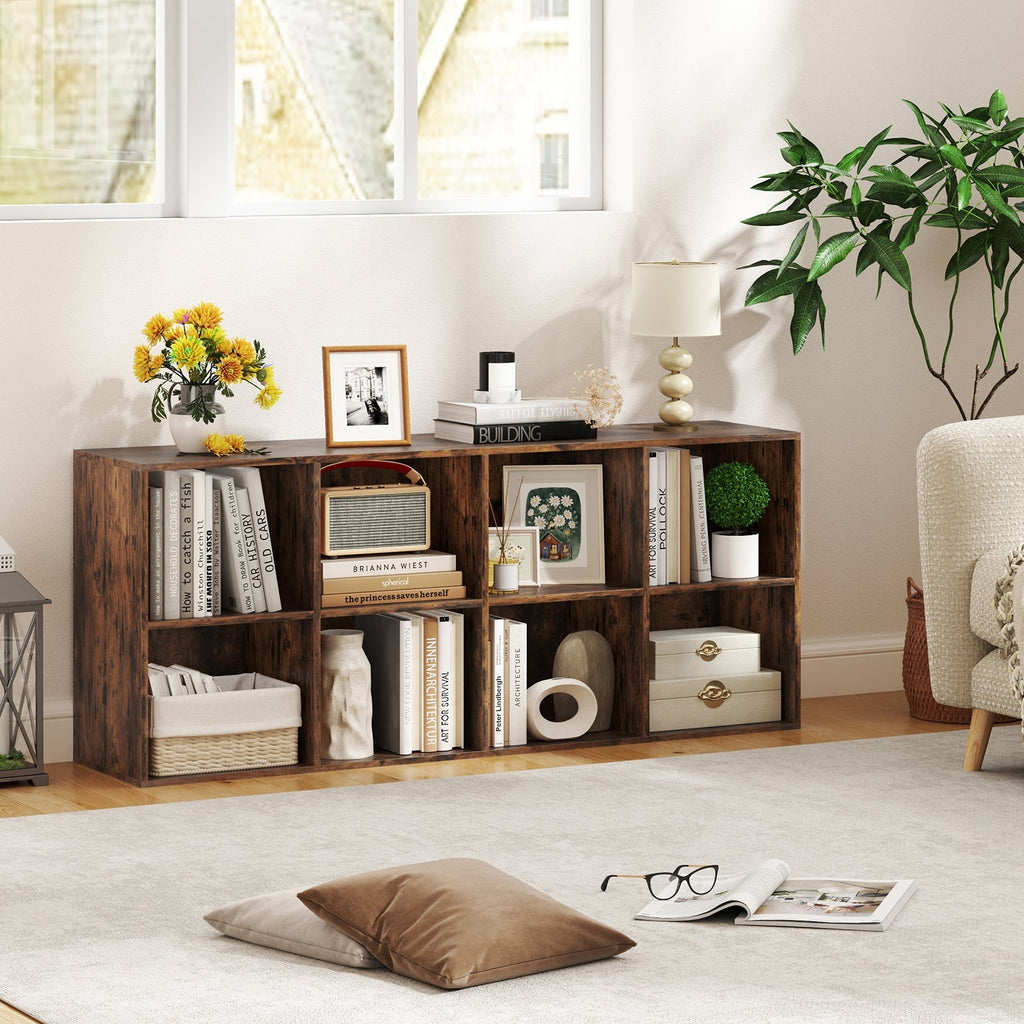 8-Cube Bookcase Bookshelf with 2 Anti-Tipping Kits Storage Organizer-Rustic Brown