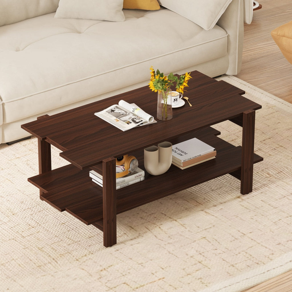2-Tier Coffee Table Slatted Wood Center Table with Storage Shelf-Black