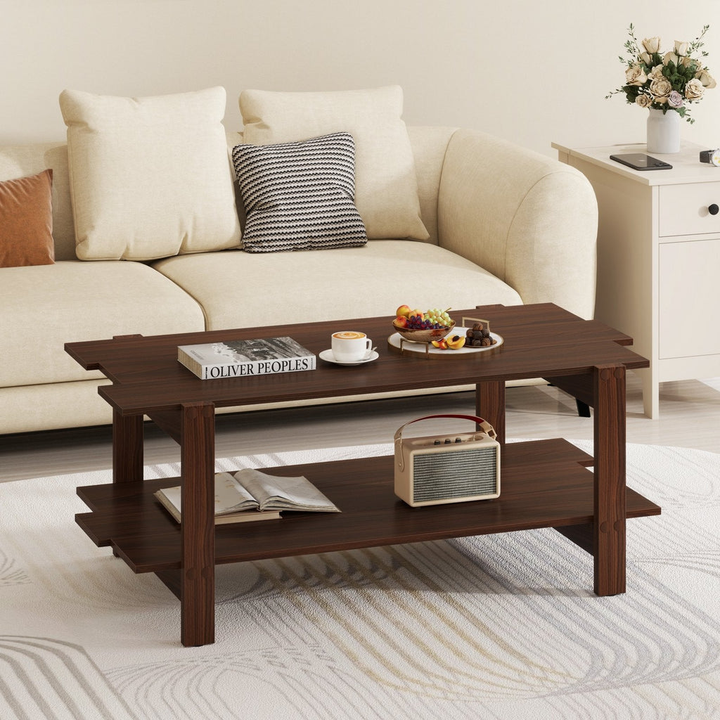 2-Tier Coffee Table Slatted Wood Center Table with Storage Shelf-Black