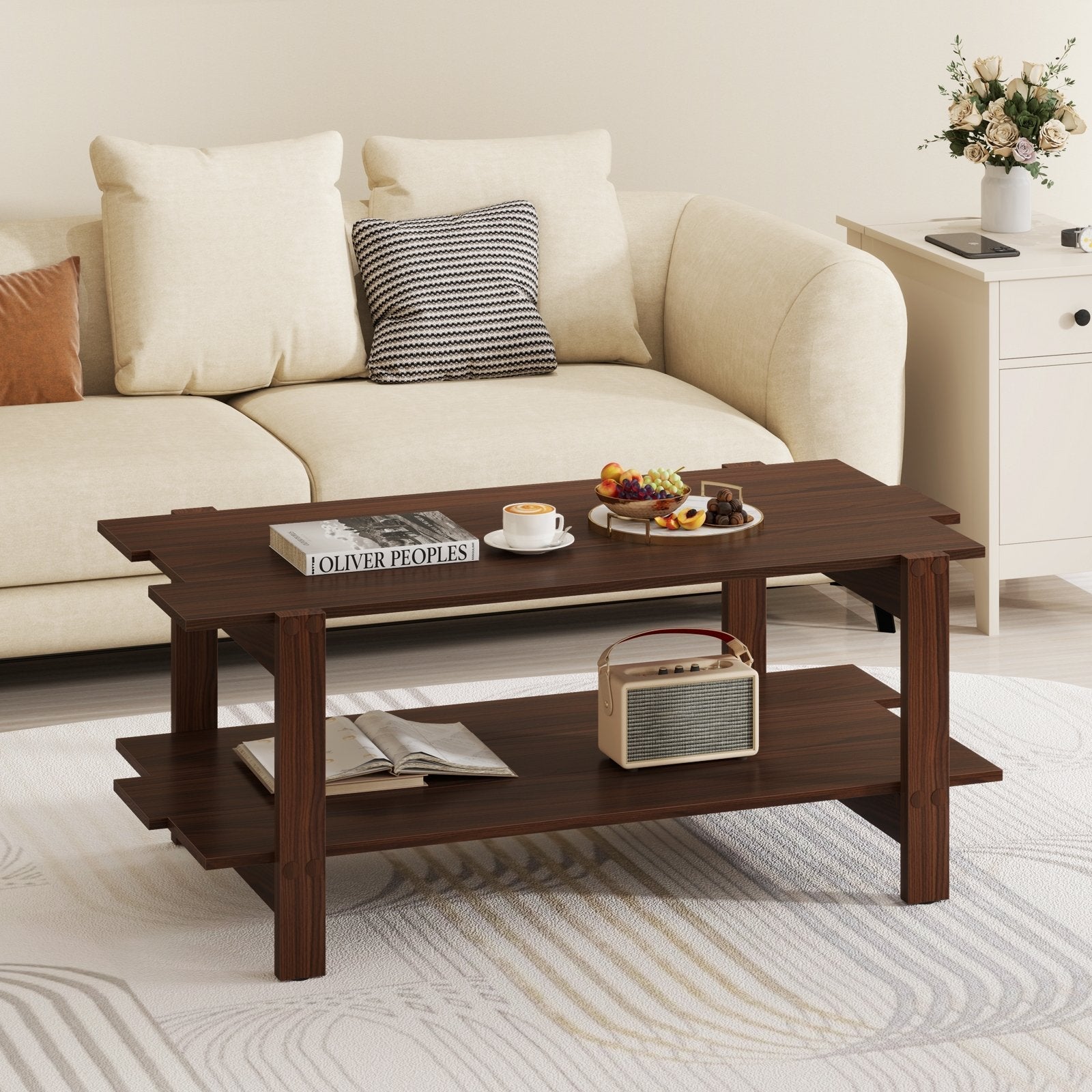 2-Tier Coffee Table Slatted Wood Center Table with Storage Shelf-Black