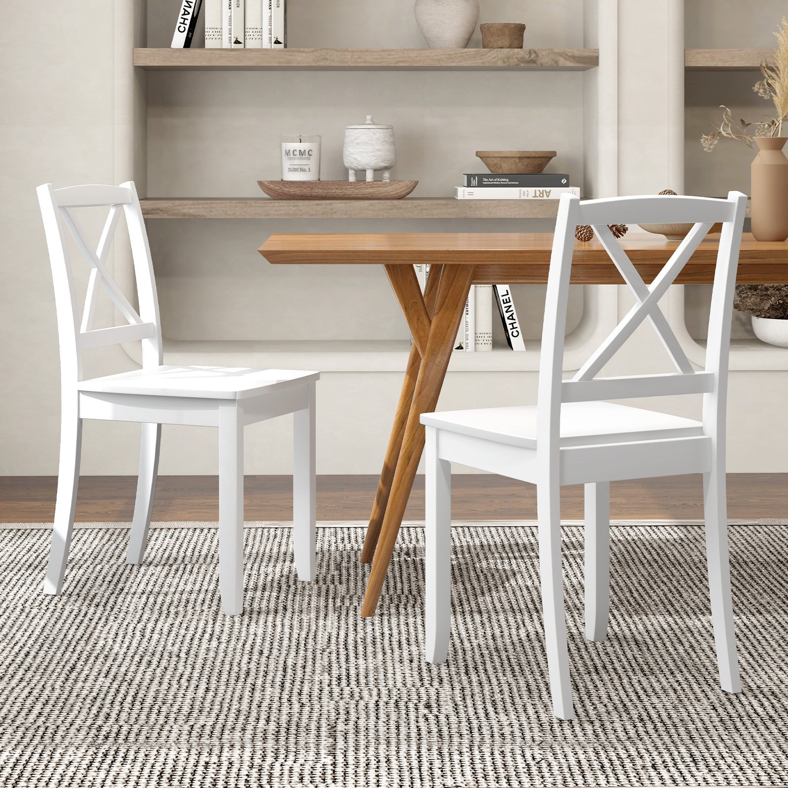 Wood Dining Chair Set of 2 with Rubber Wood Legs and Curved Backrest-Black