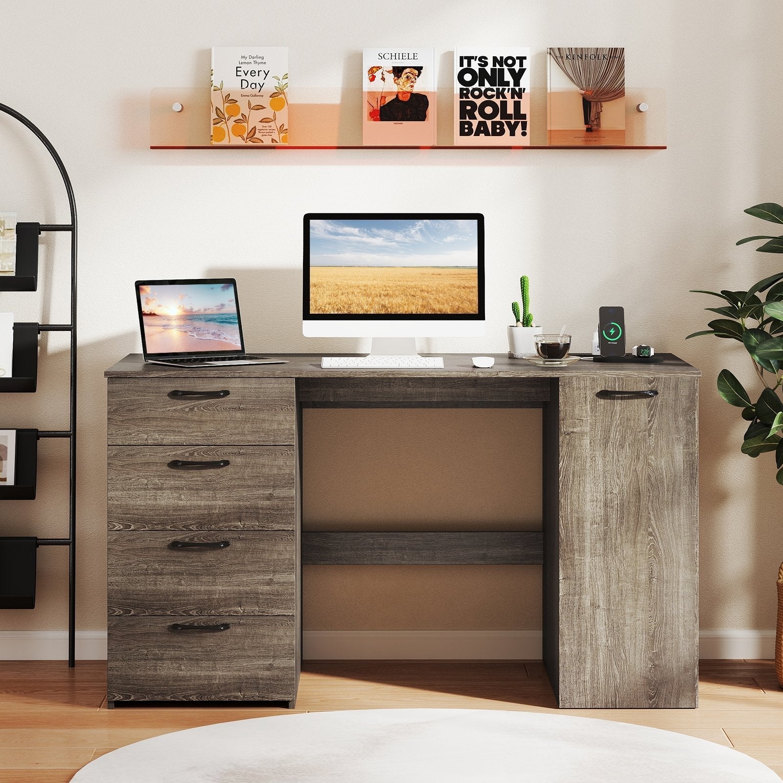 53 Inches Computer Desk with Power Outlets and 4 Storage Drawers-Gray