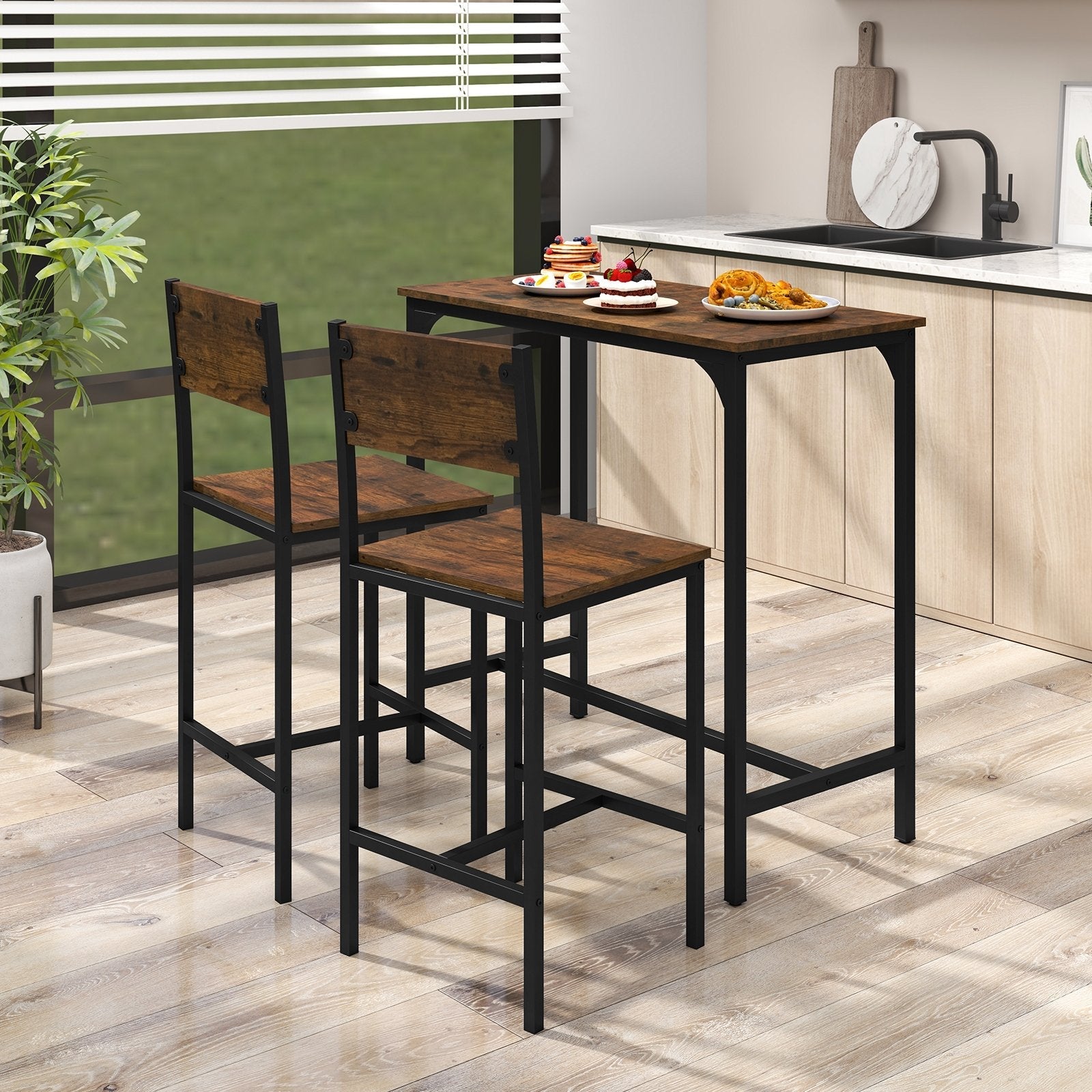 3 Piece Bar Table Set with Backrest and Footrest for Small Space-Gray