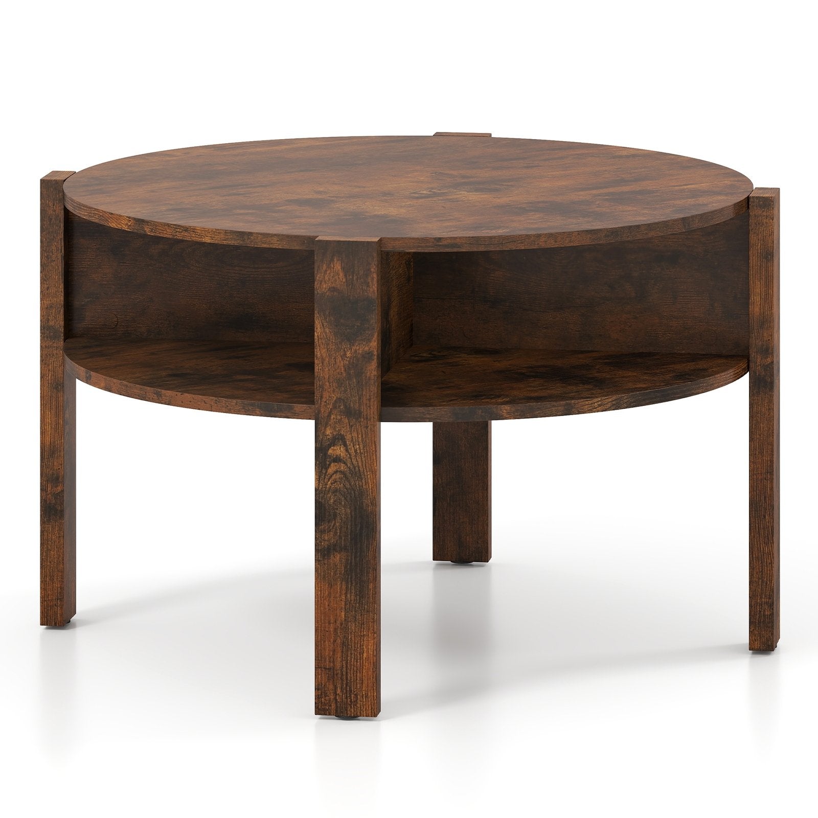 29.5 Inch Round Coffee Table with Storage Shelves for Small Space-Rustic Brown