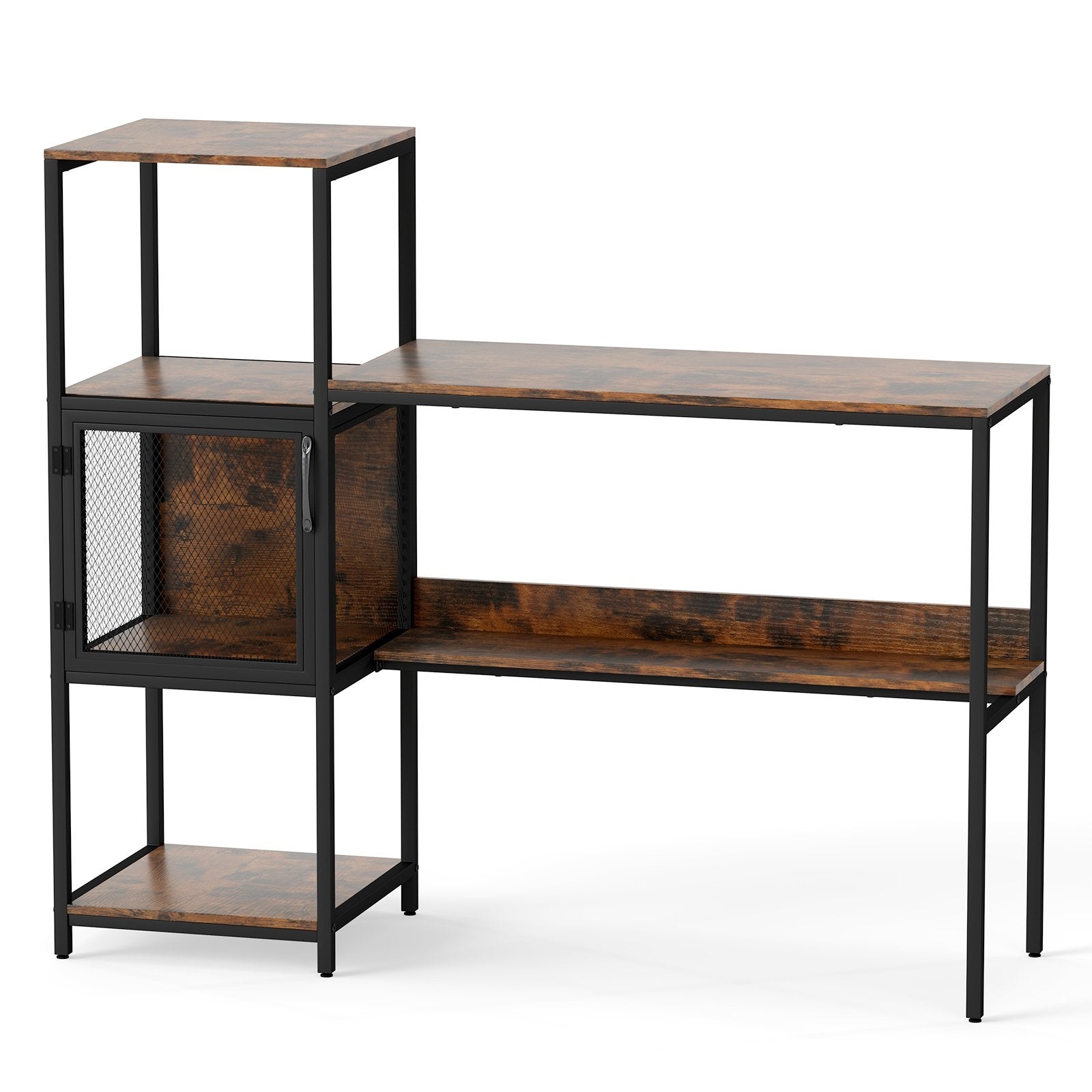 Computer Desk with Bookshelf Home Office Desk with Storage Cabinet and Shelves-Rustic Brown