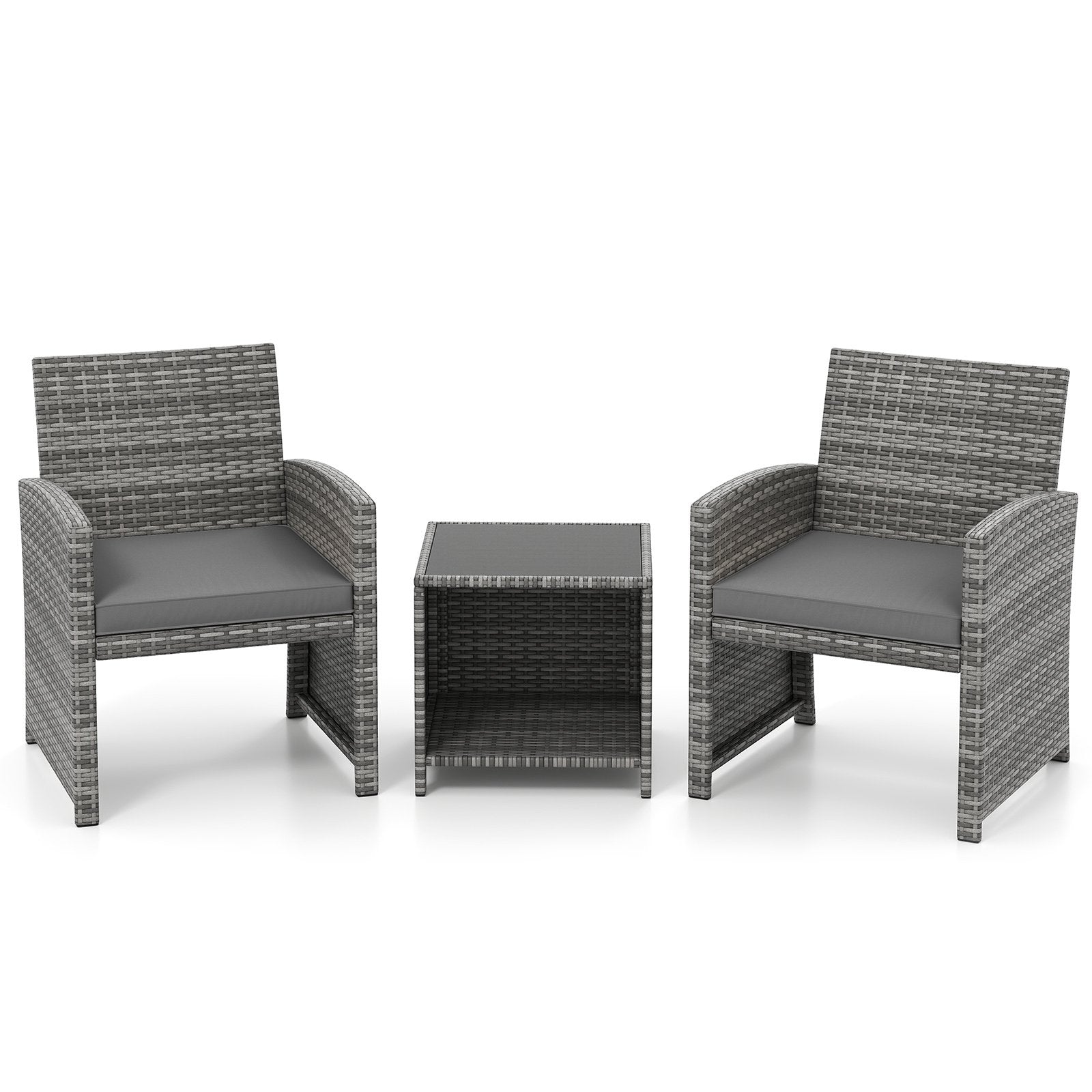 3 Pieces Patio Furniture Set with Tempered Glass Coffee Table and Soft Seat Cushions-Black