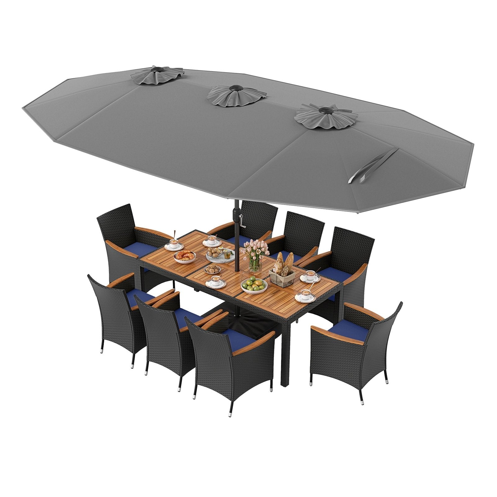 10 Piece Outdoor Patio Dining Set with 15 Feet Double-Sided Twin Umbrella-Beige