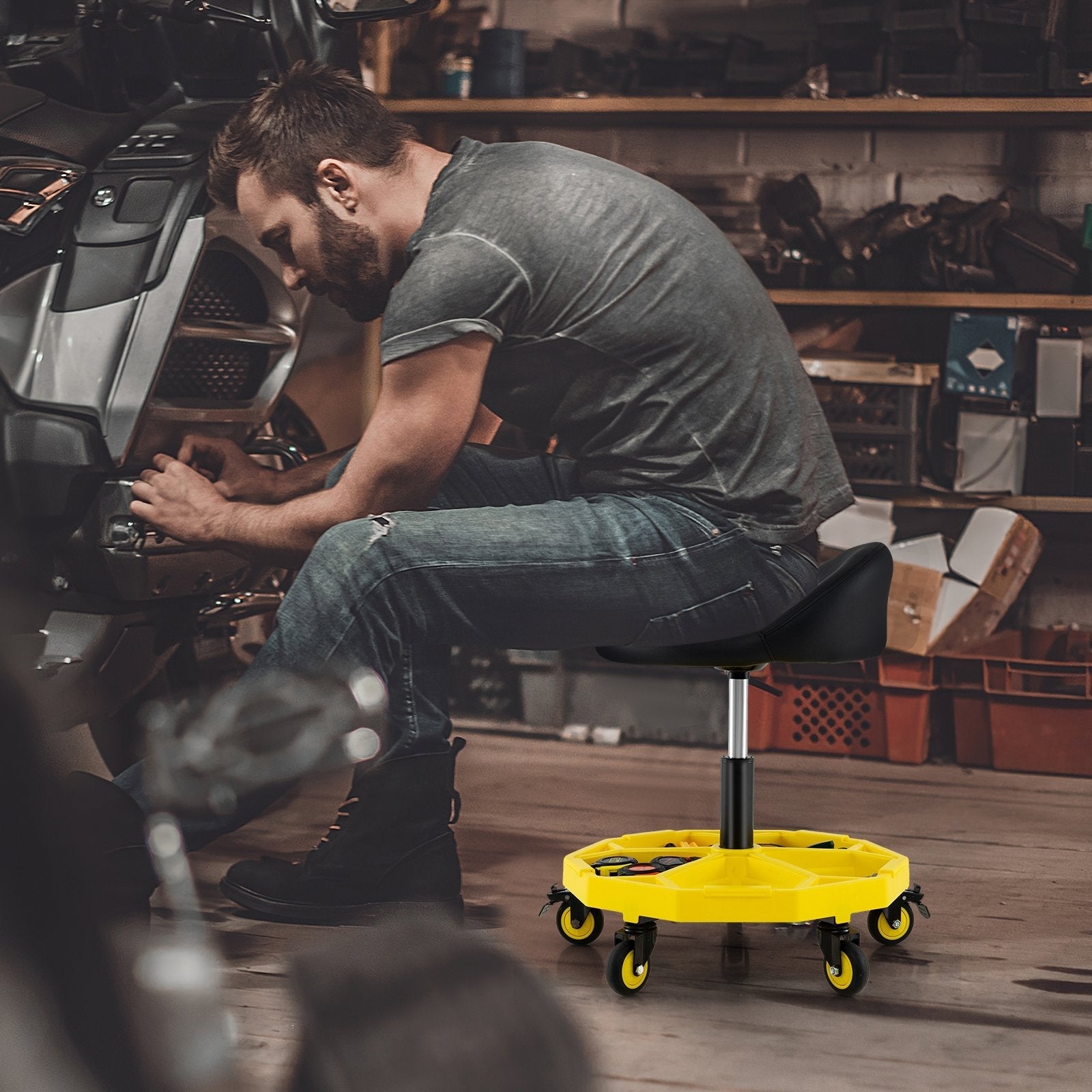 20 Inch-25 Inch Height Adjustable Rolling Garage Stool with Tool Tray Storage-Yellow