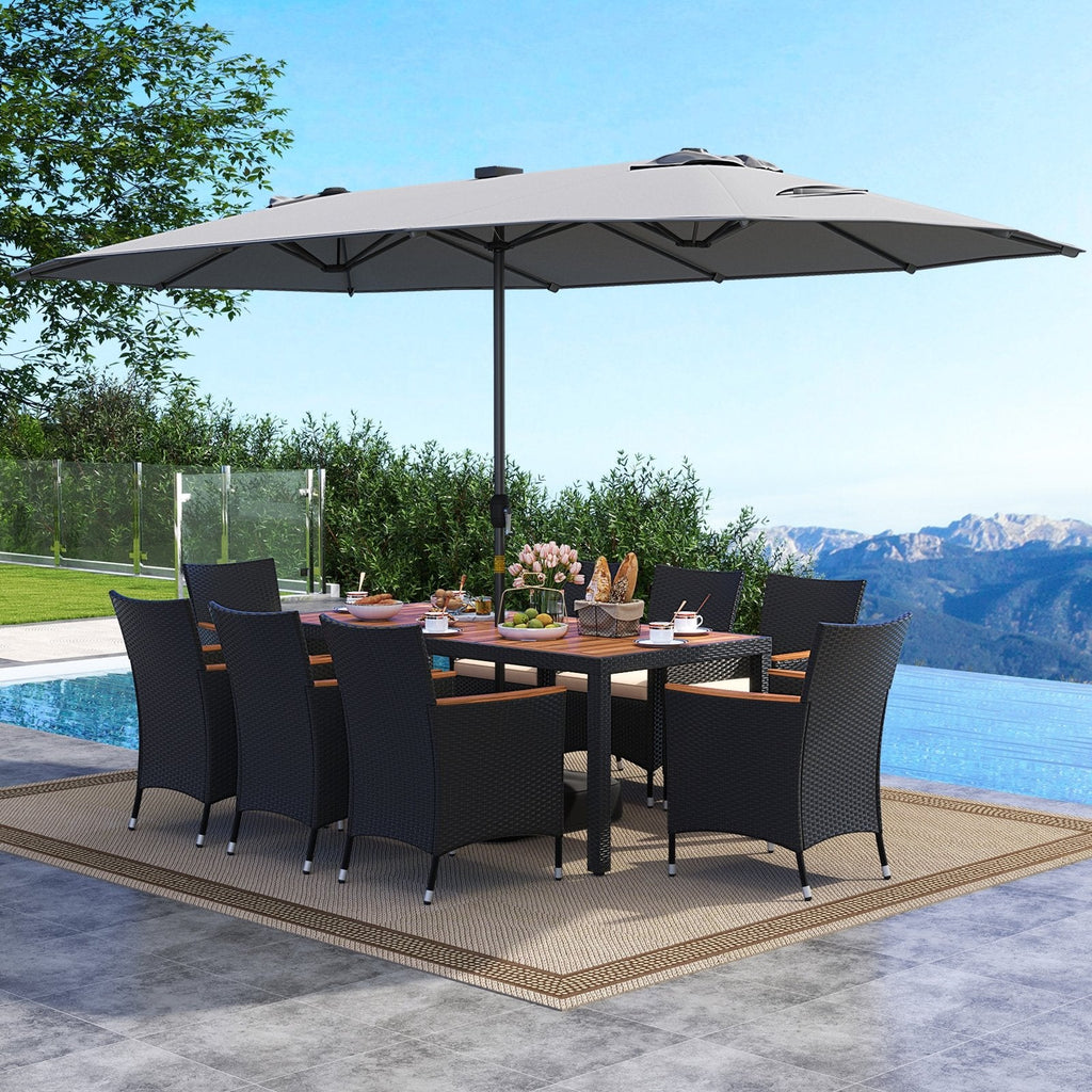 11 Pieces Patio Dining Set with LED Patio Umbrella with Base and Seat Cushions (Beige)-Beige