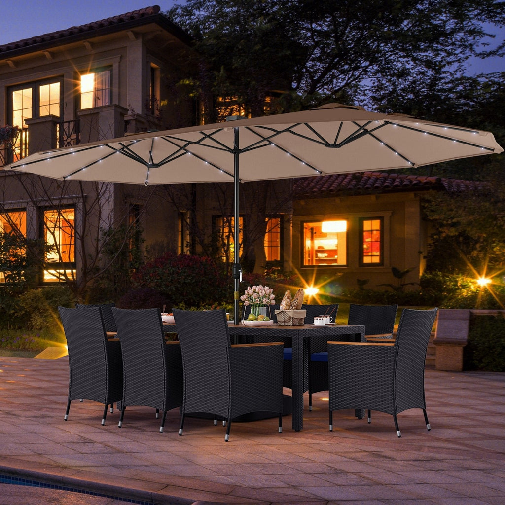 11 Pieces Patio Dining Set with LED Patio Umbrella with Base and Seat Cushions (Navy)-Beige