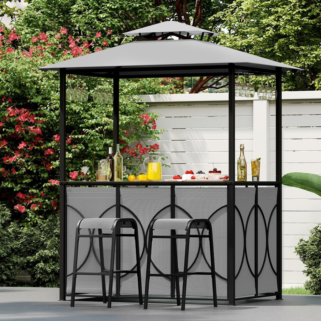 6.5 x 4 x 8 FT Grill Gazebo Set with 2 Bar Stools and Bar Table-Brown