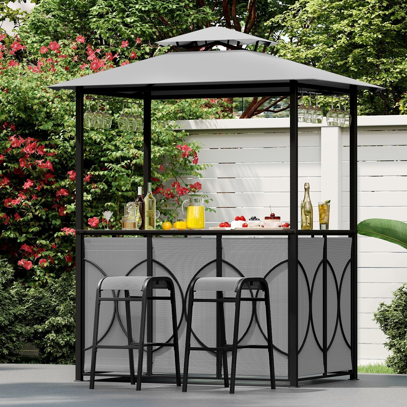 6.5 x 4 x 8 FT Grill Gazebo Set with 2 Bar Stools and Bar Table-Brown