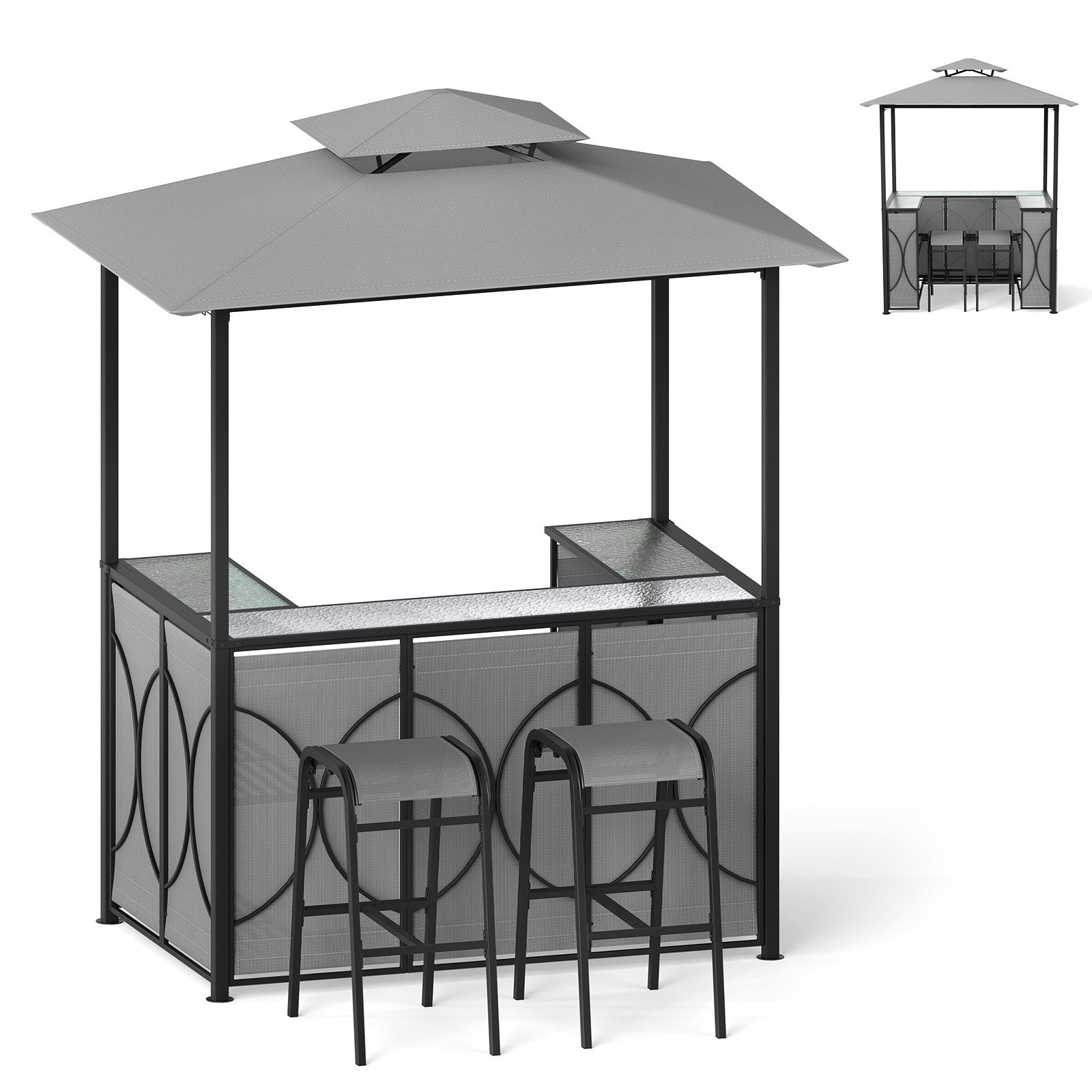 6.5 x 4 x 8 FT Grill Gazebo Set with 2 Bar Stools and Bar Table-Brown