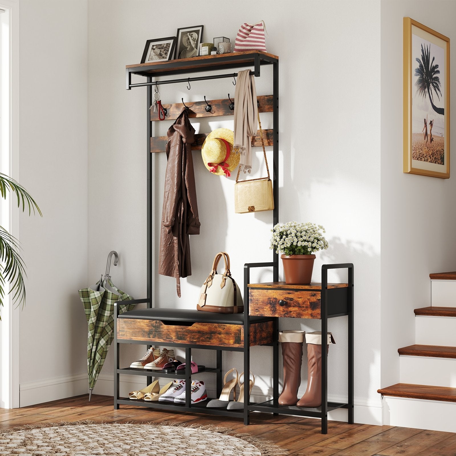 70 Inch Hall Tree with Shoe Storage Bench Freestanding Coat Rack-Rustic Brown