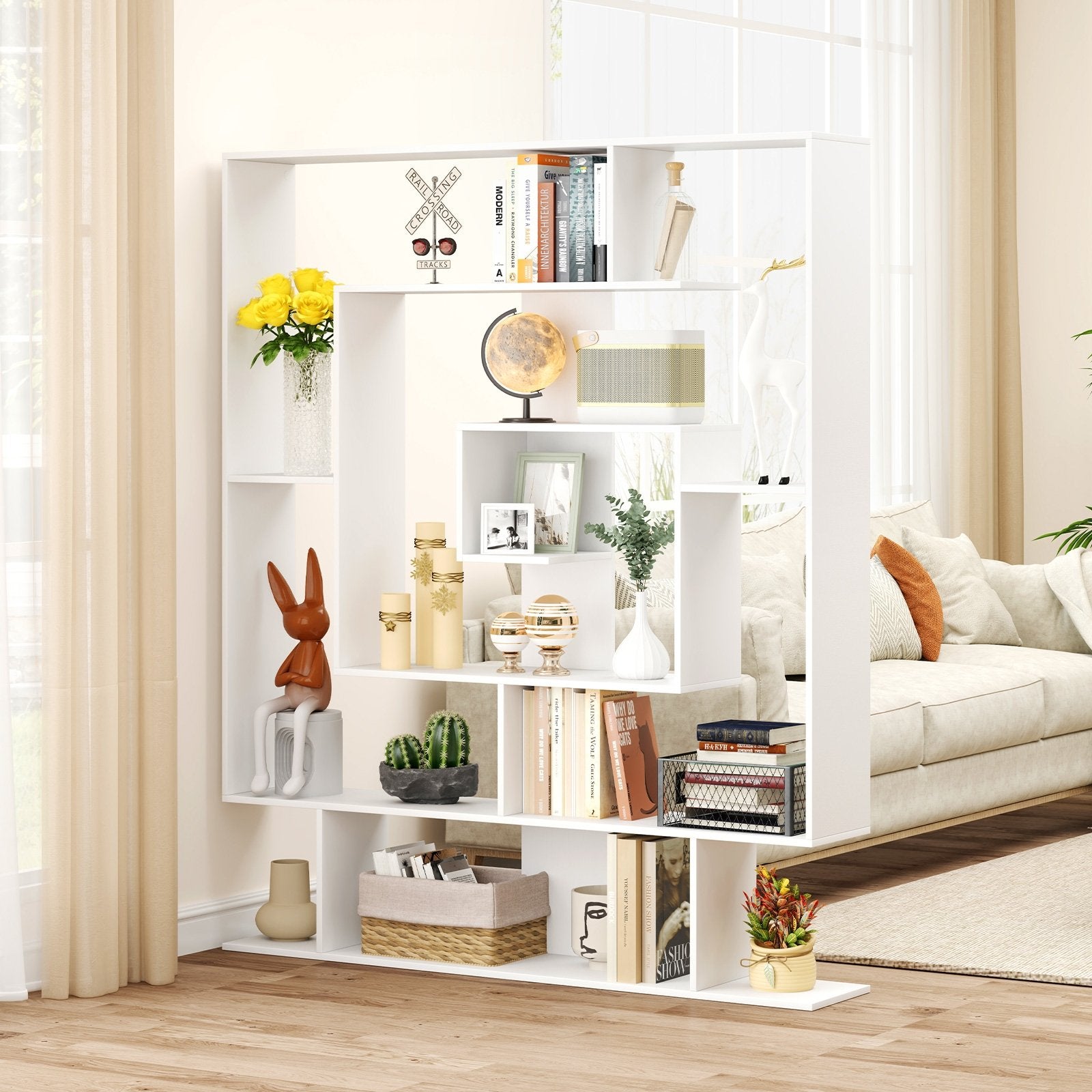 7-Tier Bookshelf  Open Display Shelf Rack for Home Office-Rustic Brown
