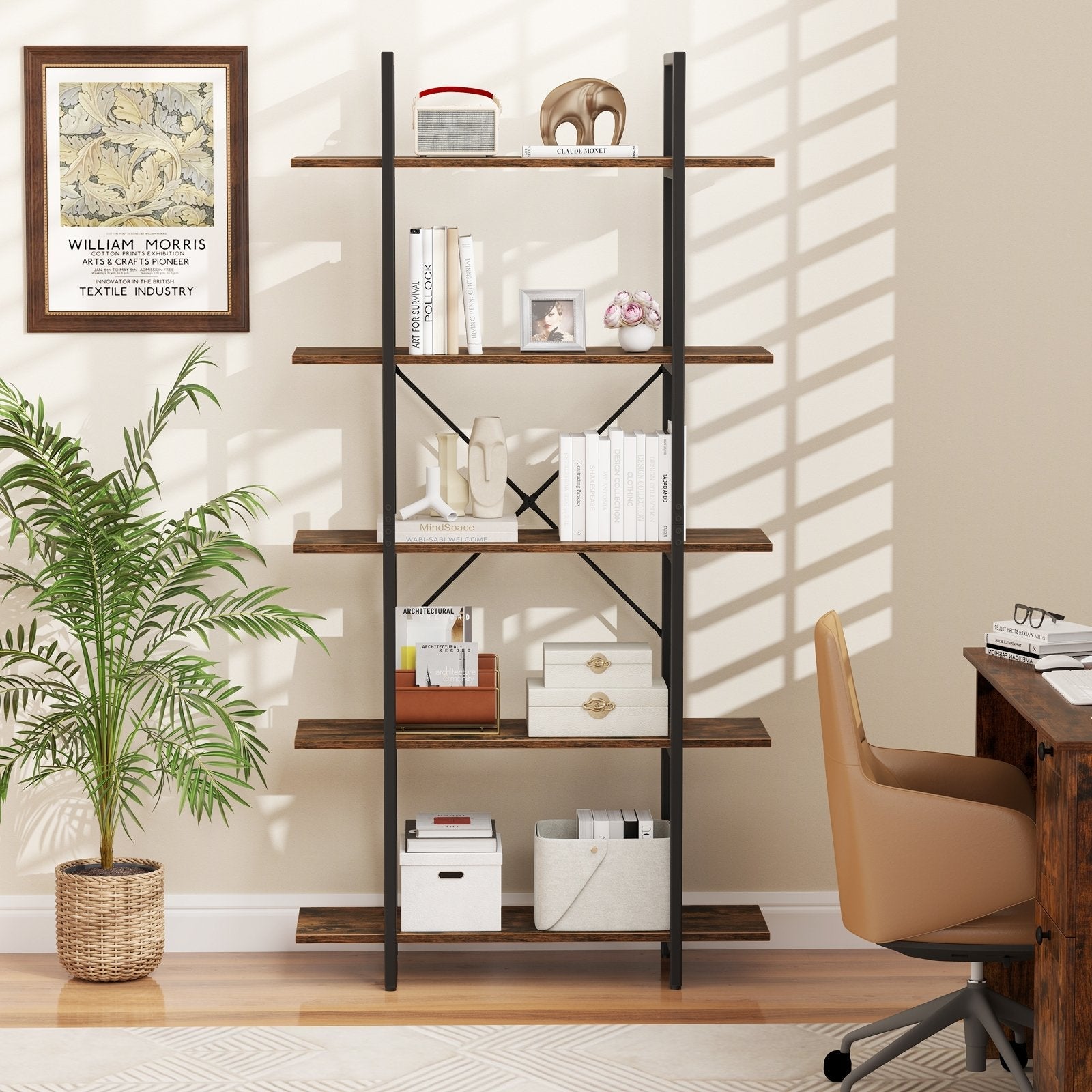 5-Tier 62 Inch Tall Vintage Industrial Bookcase with Open Storage Shelves-Rustic Brown
