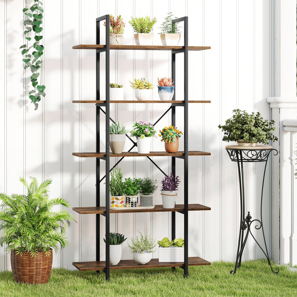 5-Tier 62 Inch Tall Vintage Industrial Bookcase with Open Storage Shelves-Rustic Brown