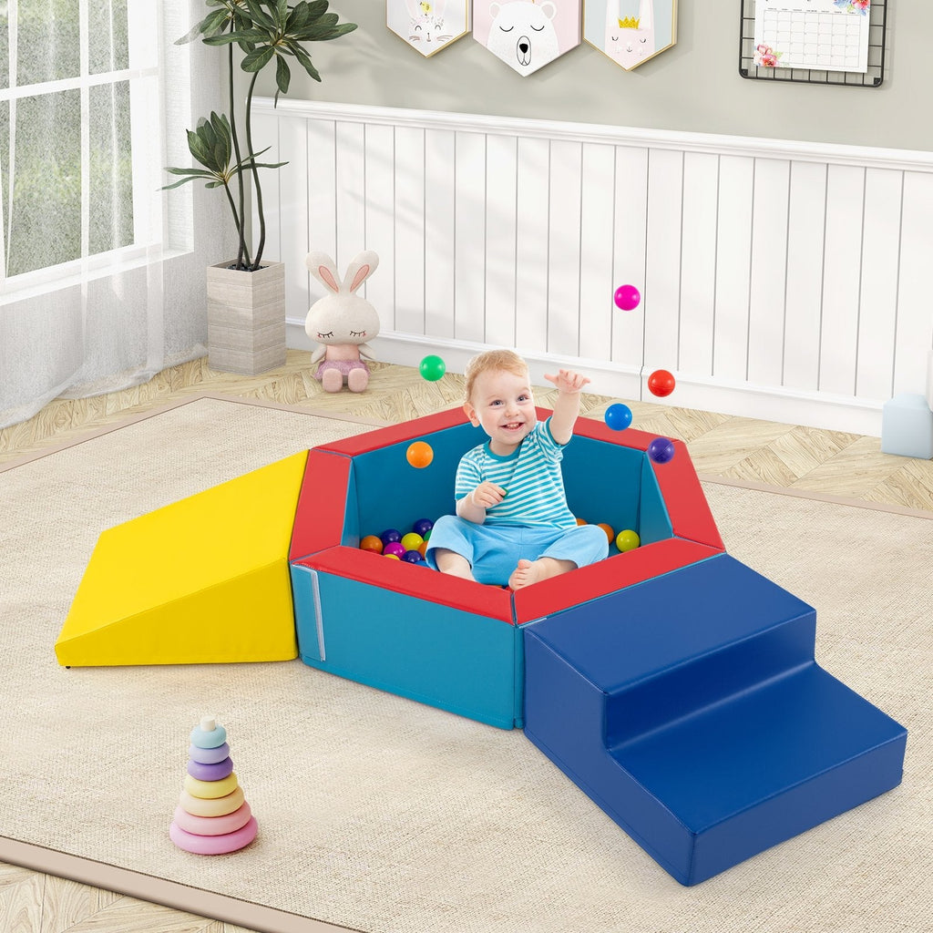 3-Piece Baby Foam Climbing Blocks Climb and Crawl Set with 100 Ocean Balls-Blue