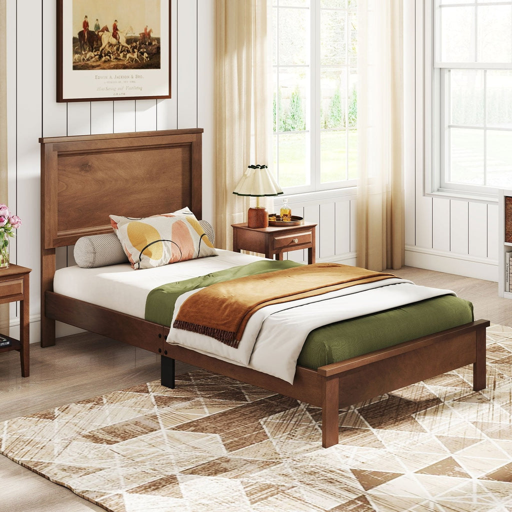 Twin Size Wooden Bed Frame with Headboard and Slat Support-Walnut