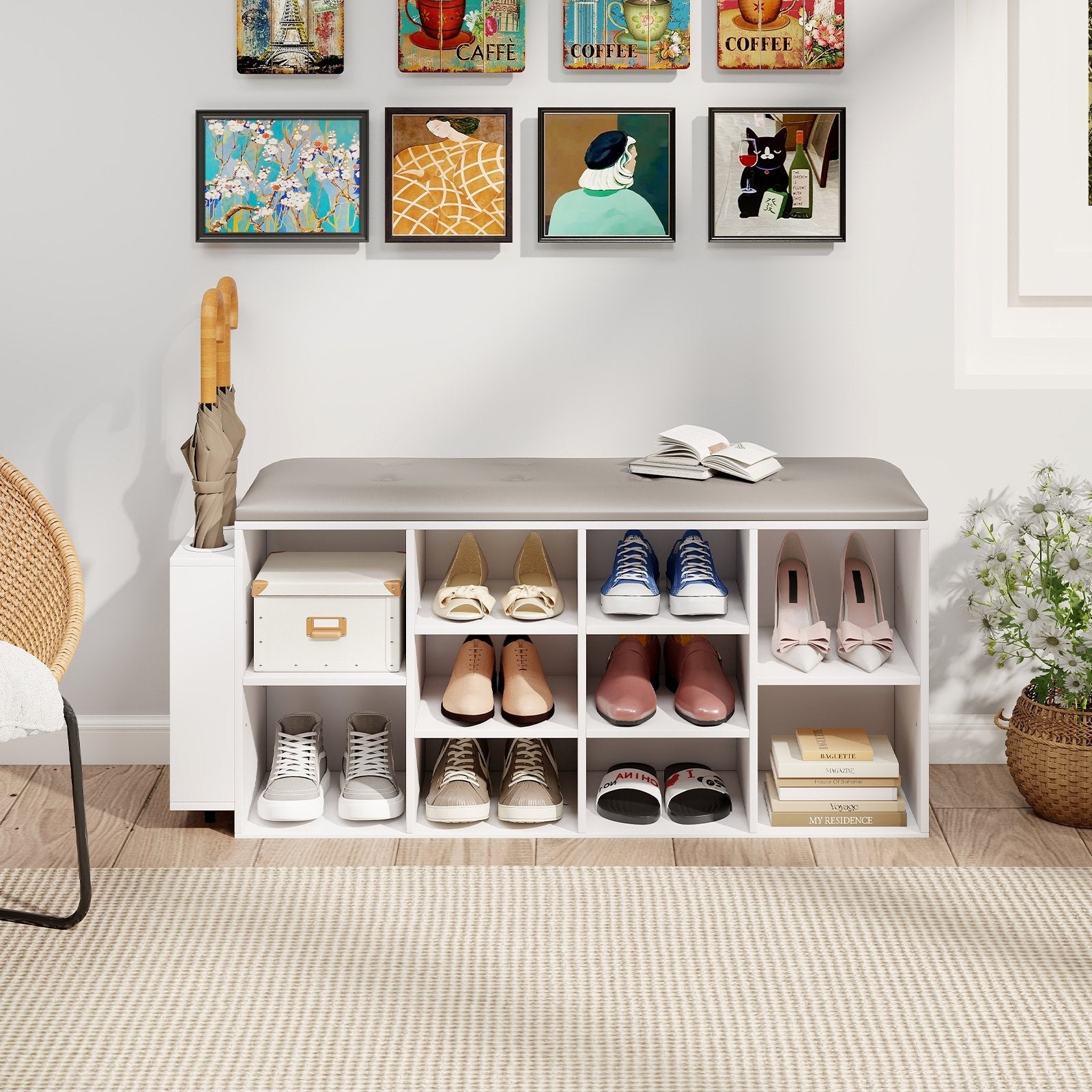 Shoe Storage Bench with Umbrella Stand and Adjustable Shelf-Rustic Brown