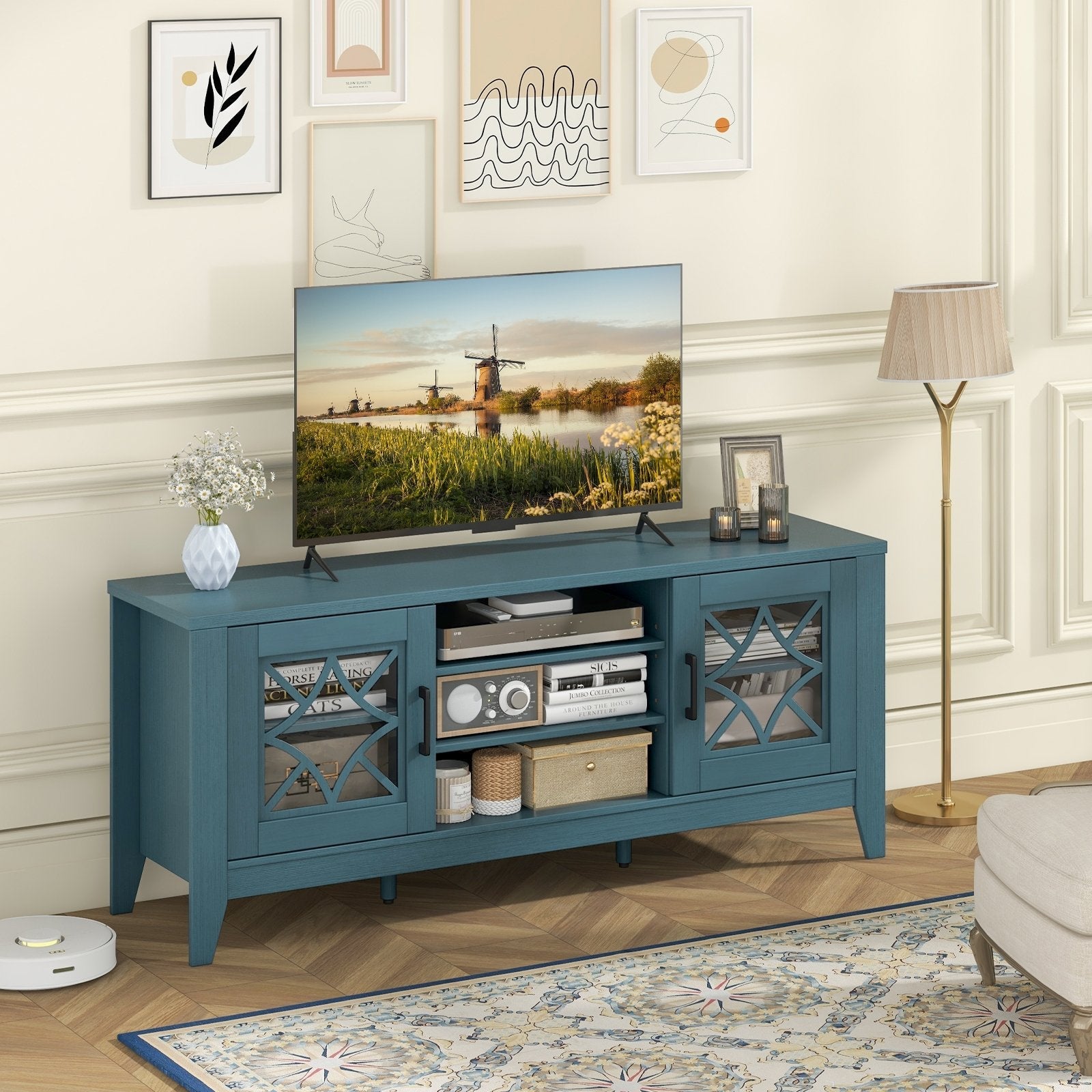 Farmhouse TV Stand for TVs Up to 65 Inches 4 Adjustable Shelves-Black
