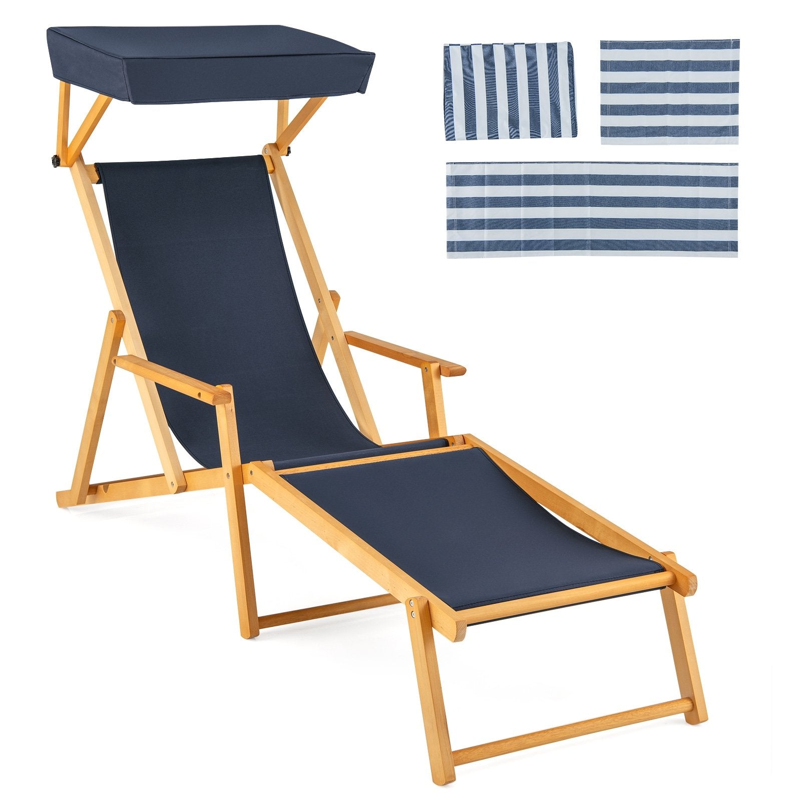 Birch Wood Chaise Lounge Chair Foldable Beach Chair with Adjustable Canopy-Brown