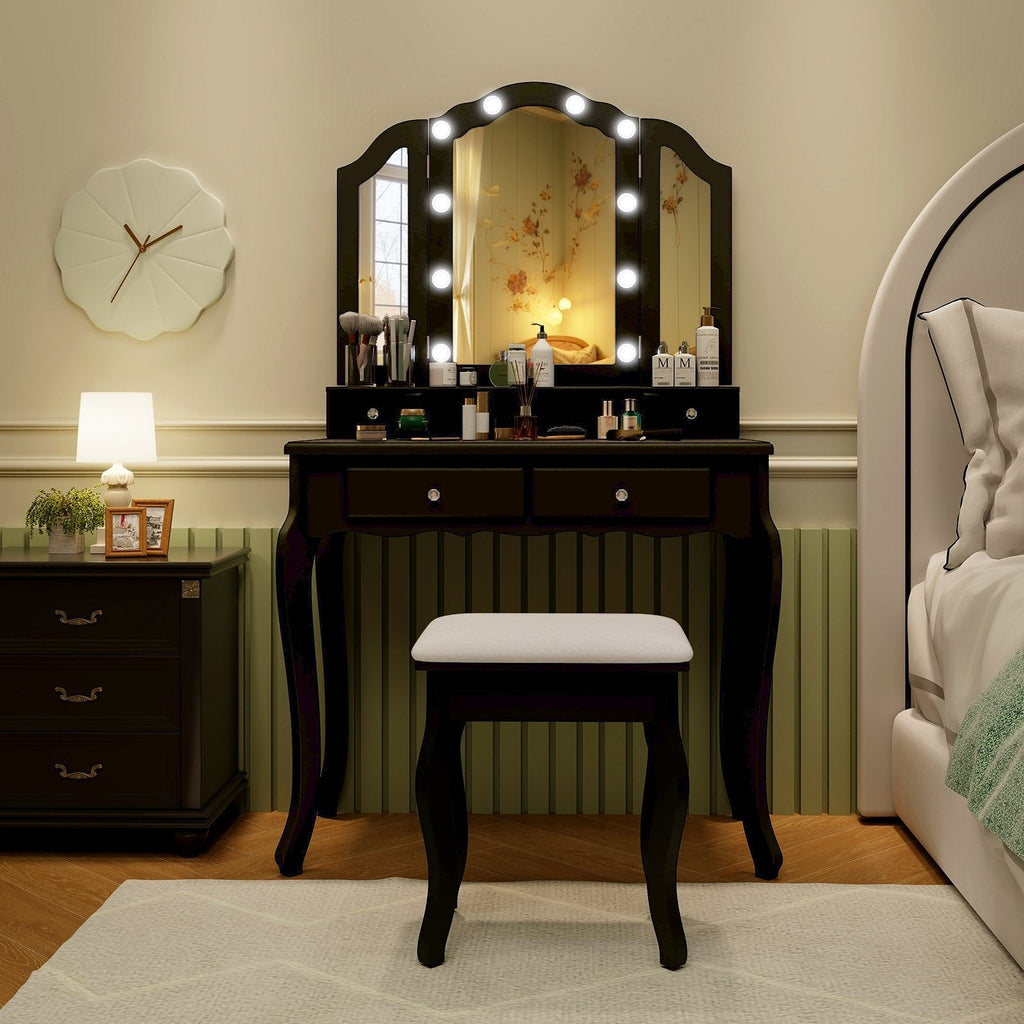 Makeup Vanity Table Set with Lighted Mirror and Drawers-Black