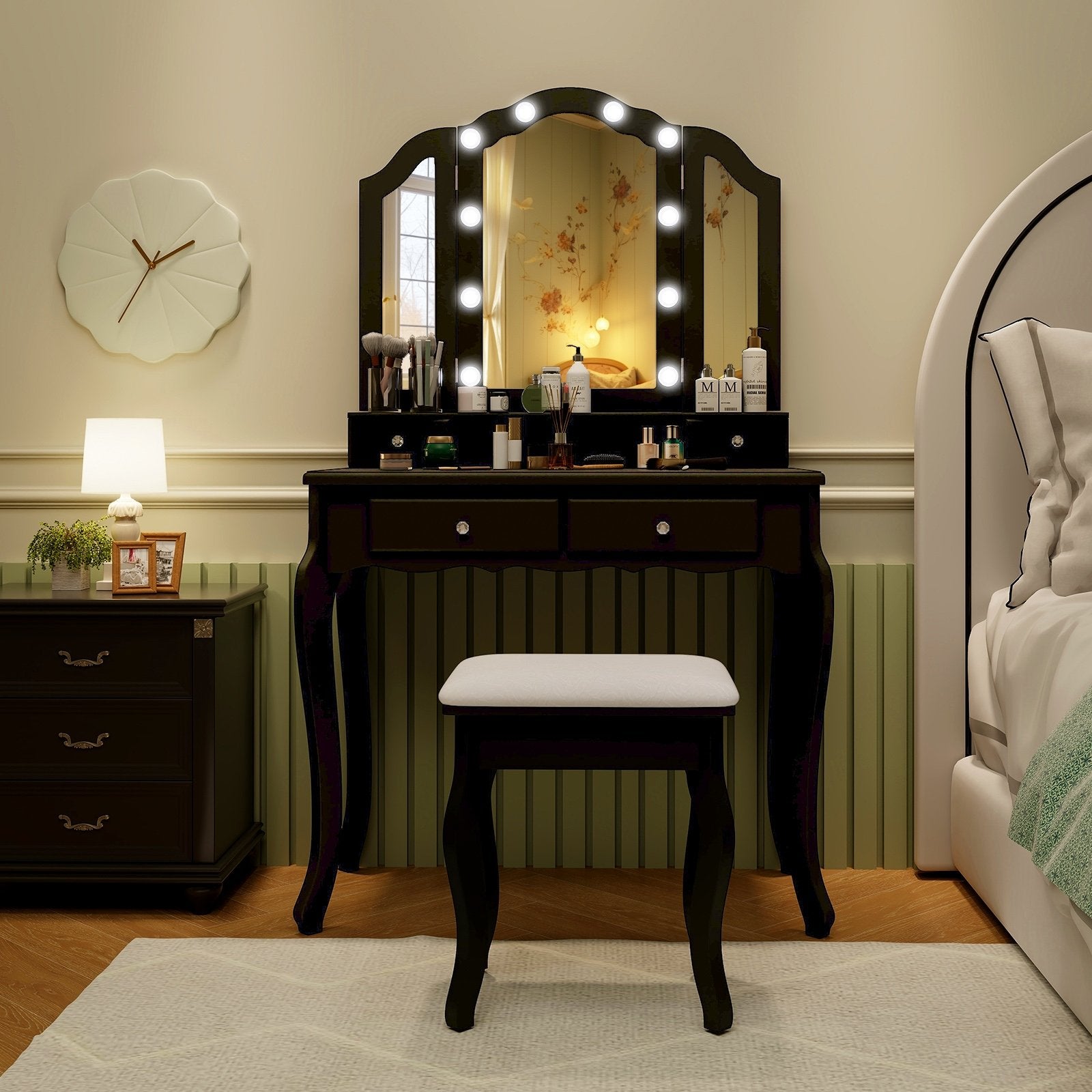 Makeup Vanity Table Set with Lighted Mirror and Drawers-Black