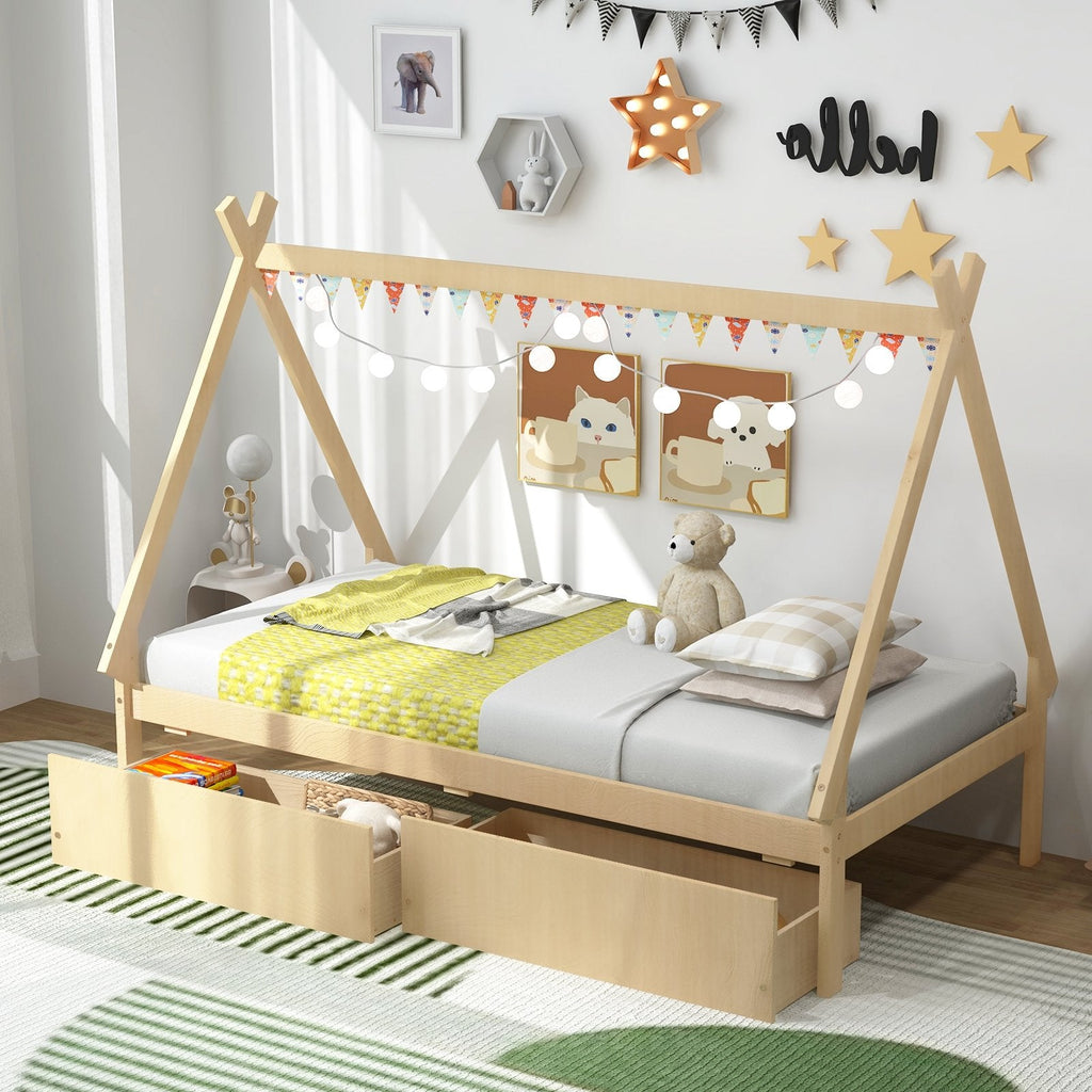 Twin Size Wooden Tent Platform House Bed with 2 Drawers-Gray