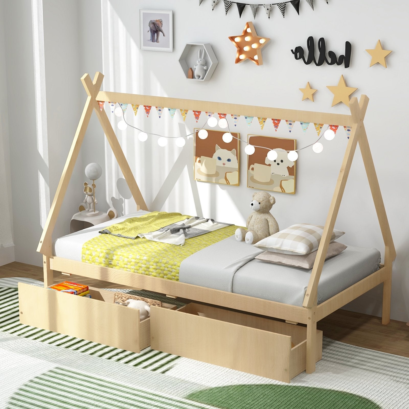 Twin Size Wooden Tent Platform House Bed with 2 Drawers-Gray