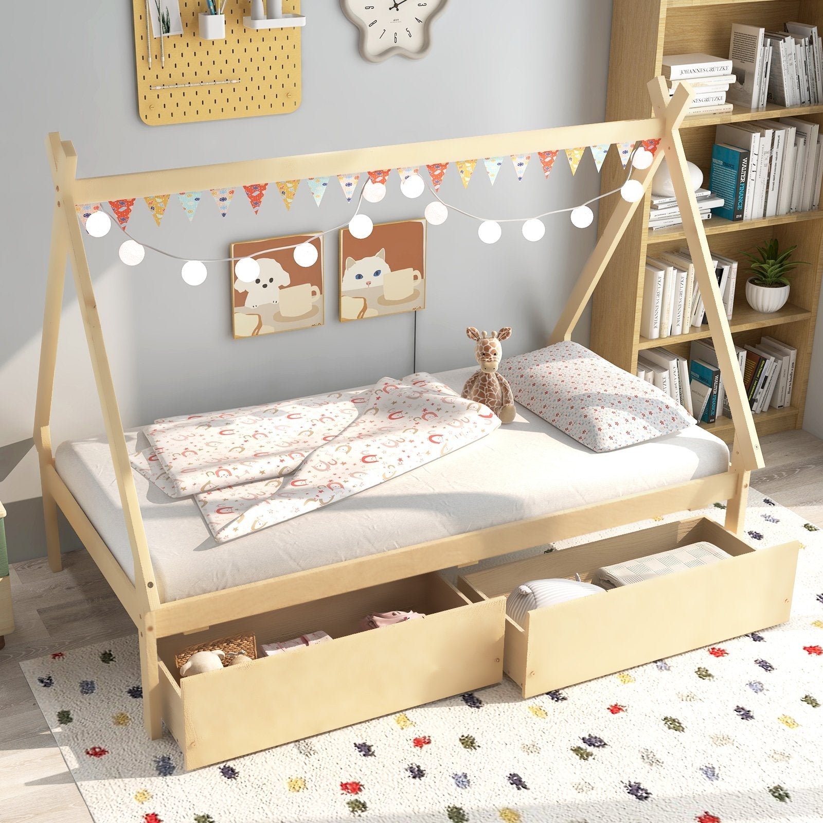 Twin Size Wooden Tent Platform House Bed with 2 Drawers-Gray