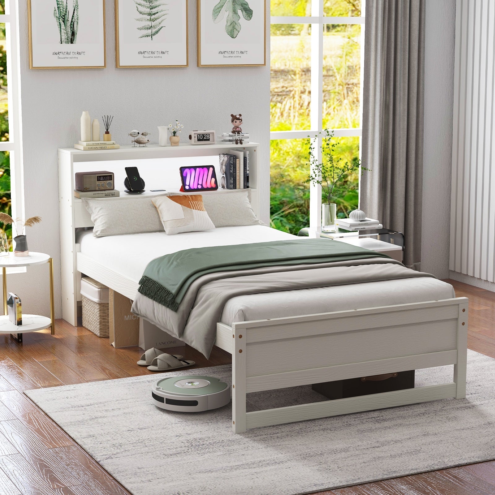 Twin Size Bed Frame with Storage Headboard and Charging Station-Gray