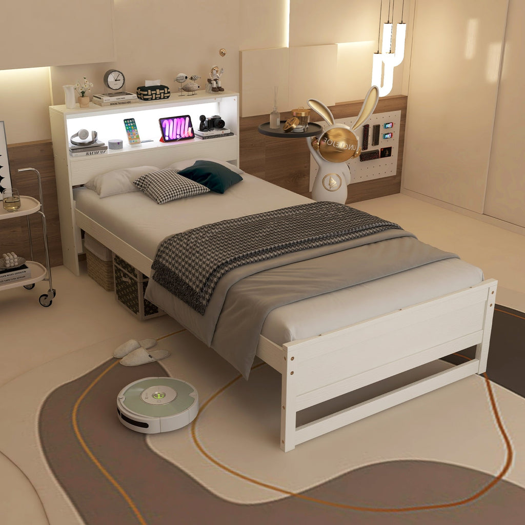 Twin Size Bed Frame with Storage Headboard and Charging Station-Gray