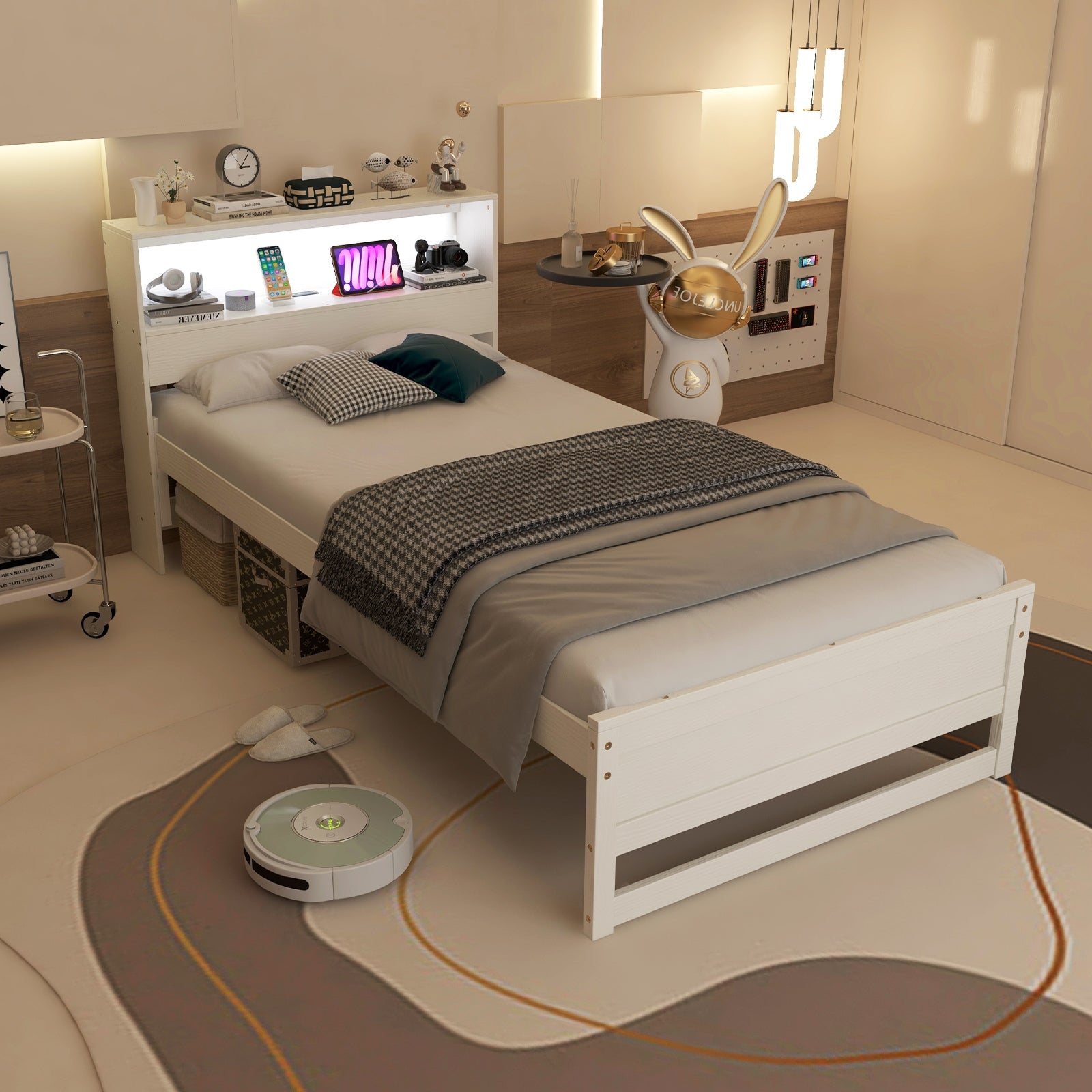 Twin Size Bed Frame with Storage Headboard and Charging Station-Gray