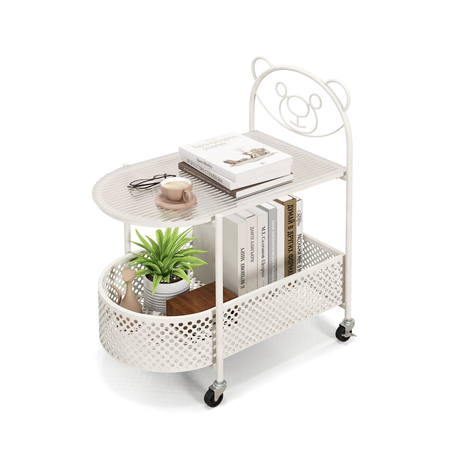 2-Tier Mobile Glass Coffee Table with Bear Pattern-Golden