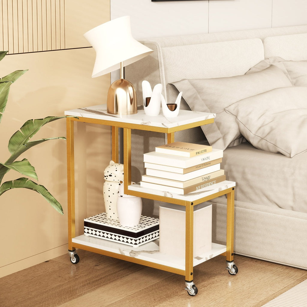 G-shaped Side Table 3-Tier Mobile End Table with Open Shelves-Gray