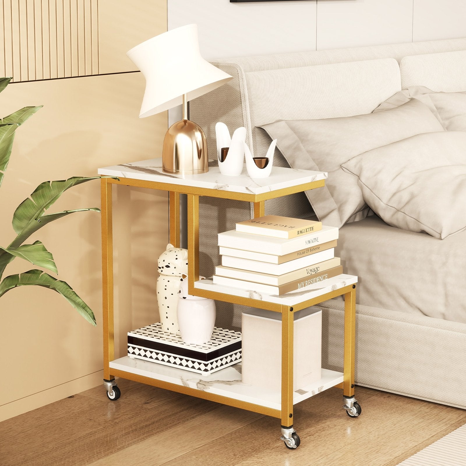 G-shaped Side Table 3-Tier Mobile End Table with Open Shelves-Gray