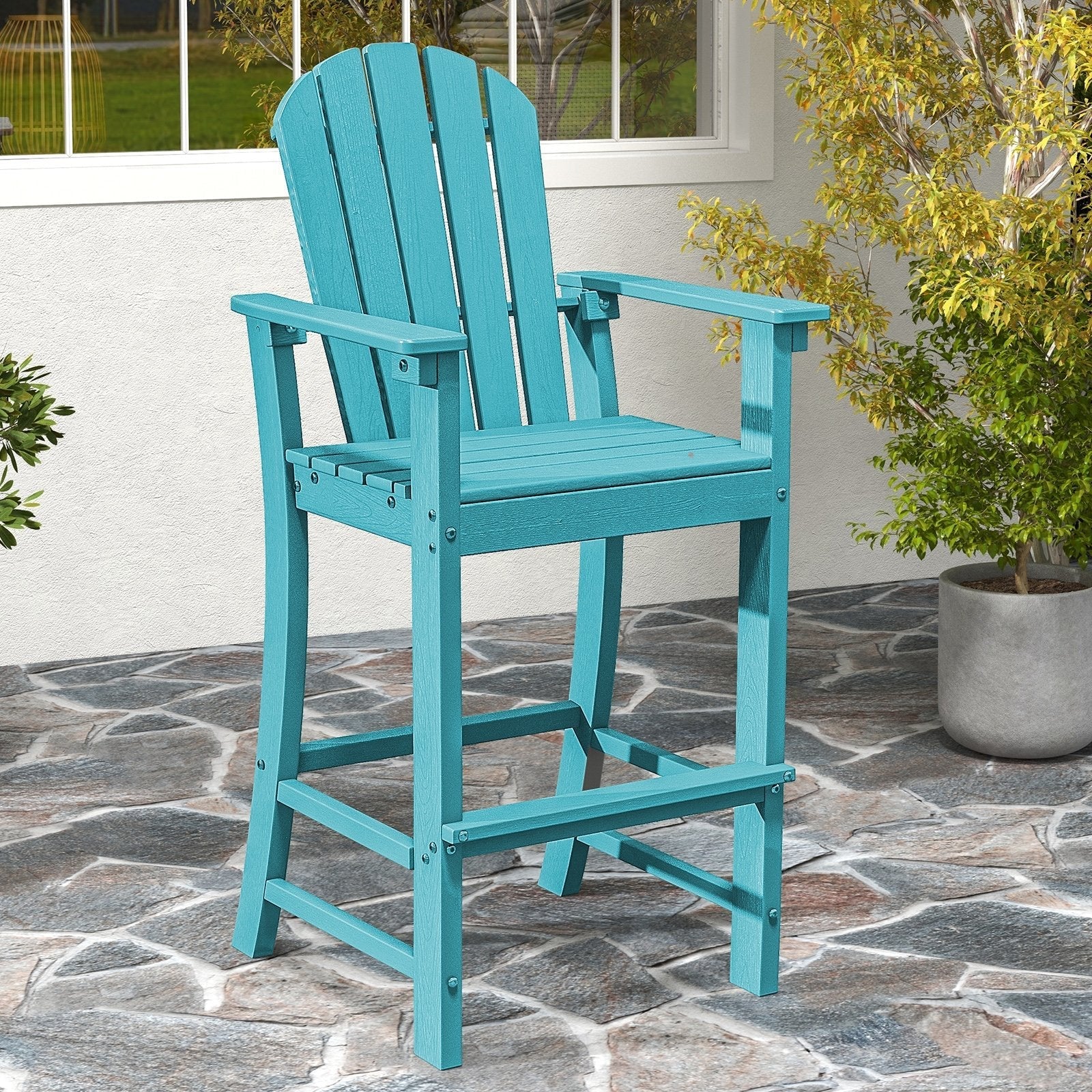30 Inches Counter Height Outdoor HDPE Bar Stool with Armrests and Footrest-Black