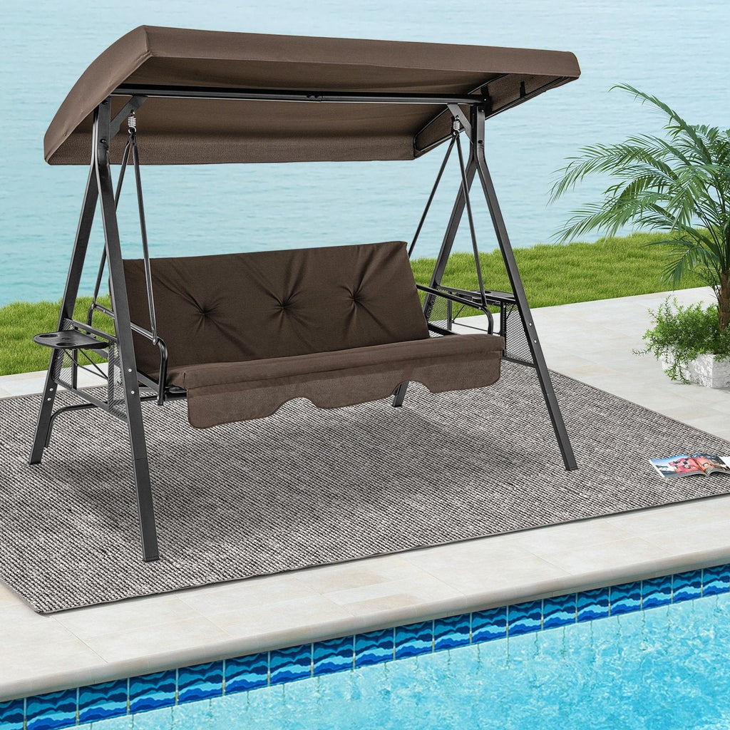Convertible 3-Seat Patio Porch Swing Chair to Flat Bed with Adjustable Canopy-Brown