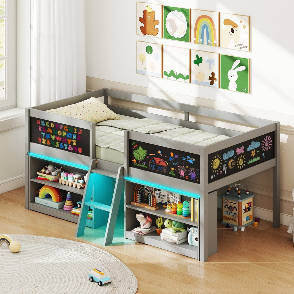 Low Loft Bed with LED Lights Kid's Cabin Bed with Bookcases-Gray