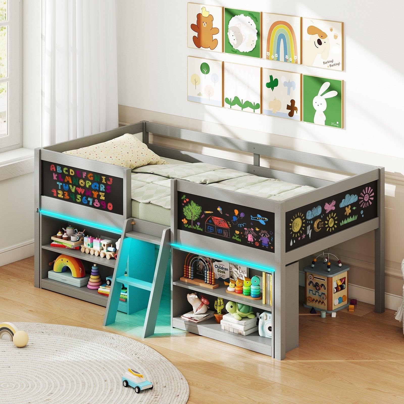 Low Loft Bed with LED Lights Kid's Cabin Bed with Bookcases-Gray