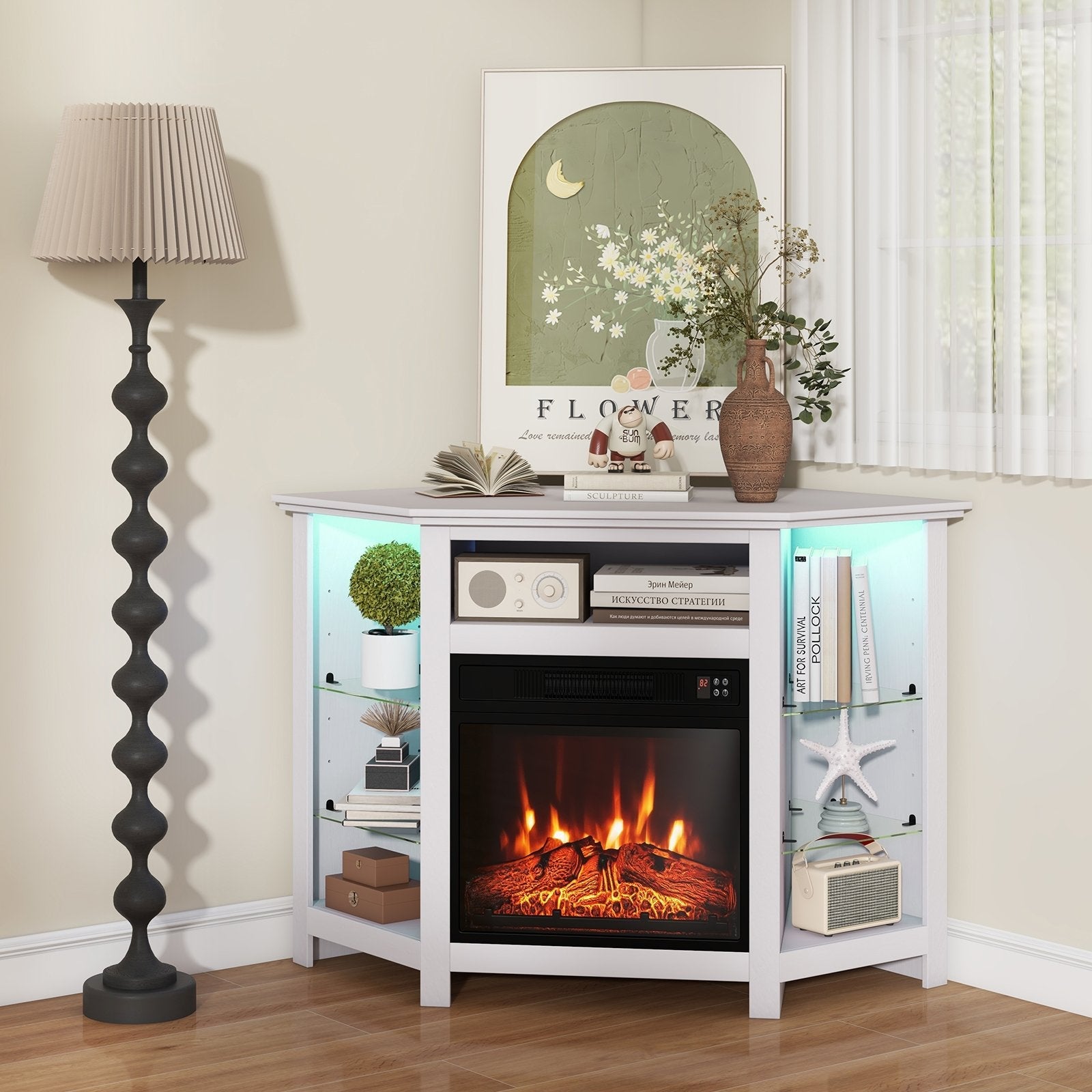 Fireplace Corner TV Stand with LED Lights and Smart APP Control for 50 Inches TV-Black