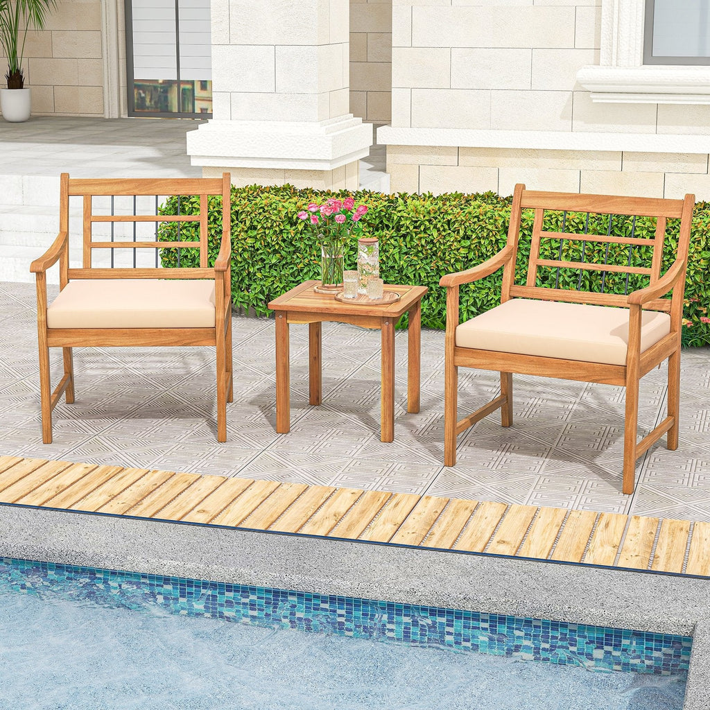 3 Piece Wood Patio Furniture Set with Seat Cushions and Acacia Wood Frame-Gray