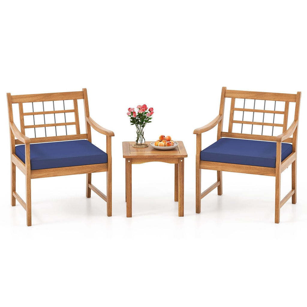3 Piece Wood Patio Furniture Set with Seat Cushions and Acacia Wood Frame-Gray